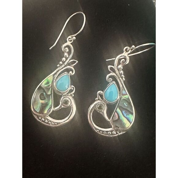 925 Sterling Silver Turquoise Gemstone Peacock Earrings 1.40 Cttw - Picture 1 of 5